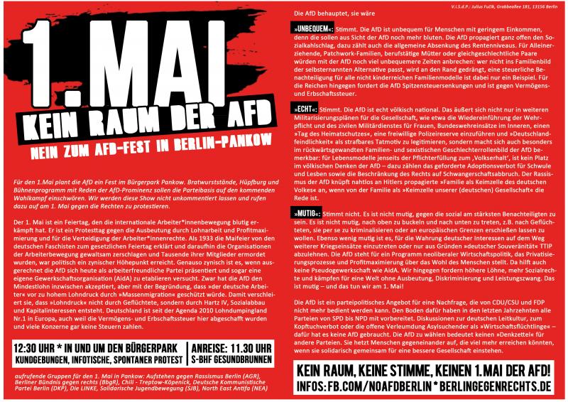 1. Mai 2017 – Kein Raum der AfD in Pankow // Flyer (Bunt)