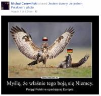 Jedoch nicht Michał Czerwinski, der Initiator von „Narodowe Słubice“ postete eine Grafik mit folgender Bildunterschrift:  »Ich denke, dass es gerade dieses ist, wovor Deutschland grault. Die Macht Polens im untergehenden Europa«. (Quelle: facebook)