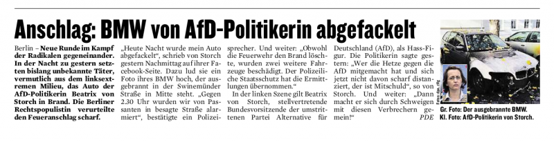 Berliner Kurier: »Anschlag: BMW von AfD-Politikerin abgefackelt« 27.10.2015
