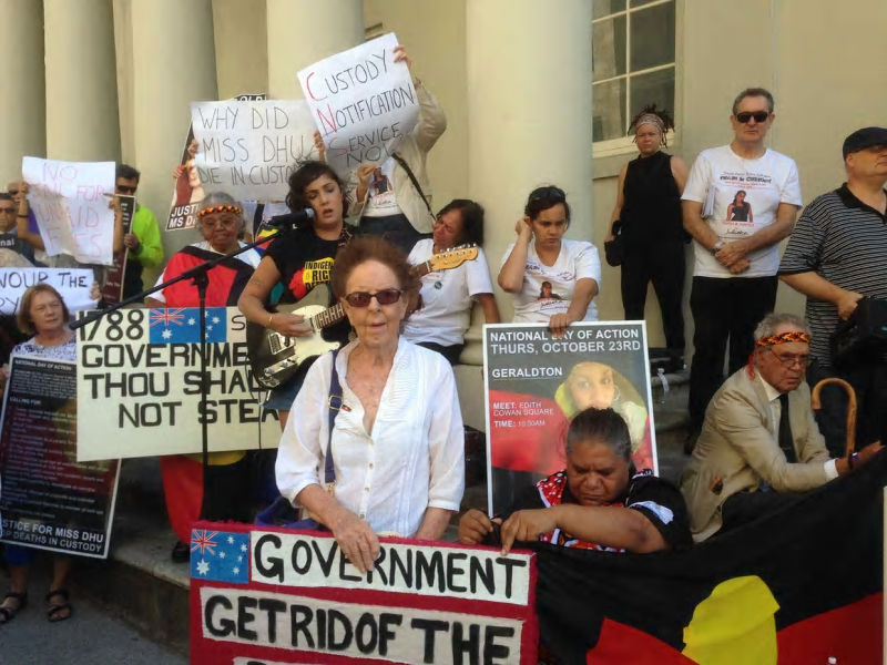 Family and supporters Ms Dhu gathered outside an inquest examining her death in custody, demanding justice for her and an end to Aboriginal deaths in custody. Photograph: Angie Raphael/AAP 