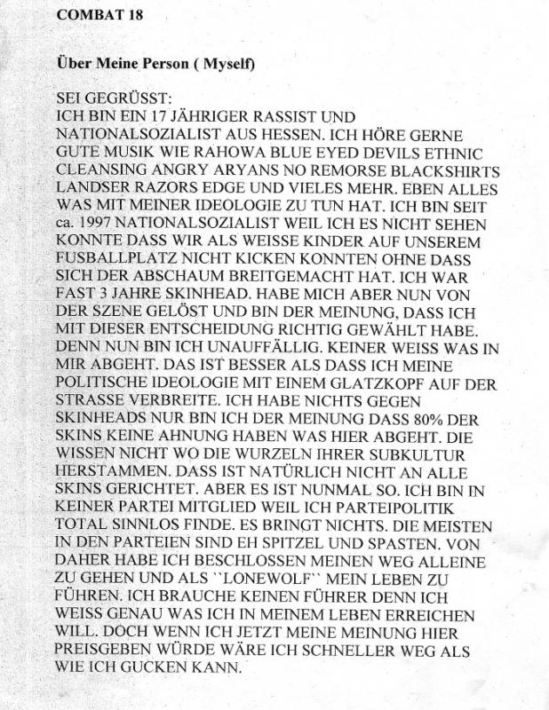 Untergrund-Fantasien eines neonazistischen Combat 18-Anhängers aus dem Frankfurter Raum. Auszug eines Beitrags in einem internen Neonazi-­Forum, 2002