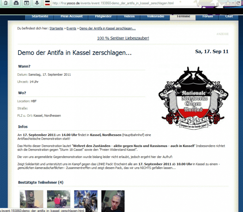 AUFRUF DER KASSELER FASCHOS ZUR GEGENDEMO (Screenshot vom 15.9.)