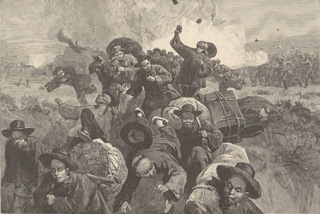Massacre of the Chinese at Rock Springs, Wyoming- From Harper's Weekly- Harper's Weekly, Vol. 29 - Szene aus den anti-chinesischen Unruhen 1885 in Rock Springs, Wyoming, bei denen 28 Chinesen ermordet wurden.