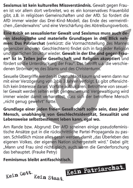 Laut werden für Feminismus. Kein Gott. Kein Staat. Kein Patriarchat. Flyer hinten