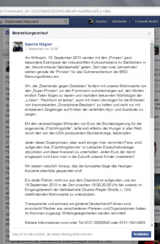 Originalpost von Sascha Wagner auf Facebook, inkl. falschem Datum.