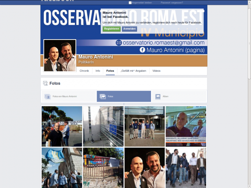 facebook-site von Mauro Antonini, CasaPound Kandidat, Bruder von Andrea Antonini und EU-Assistent von Mario Borghezio (Lega Nord)