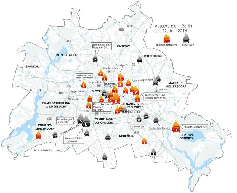 Karte der Autobrände zwischen 22. Juni 2016 und 28. Juli 2016 Grafik: Morgenpost