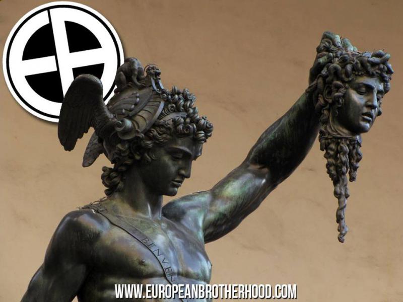 transnationale faschistische Modemarke für NationalistInnen: European Brotherhood, Benvenuto Cellinis Perseus mit dem Haupt der Medusa