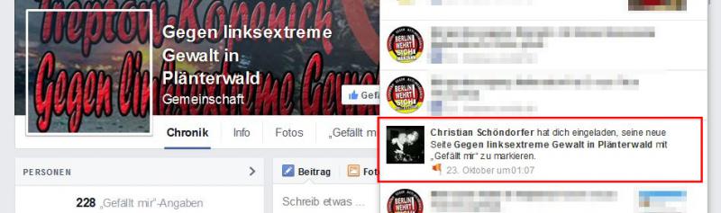 Urheber des Naziaufrufs: "Christian Schöndorfer hat dich eingeladen, SEINE neue Seite [...] mit "Gefällt mir" zu markieren."
