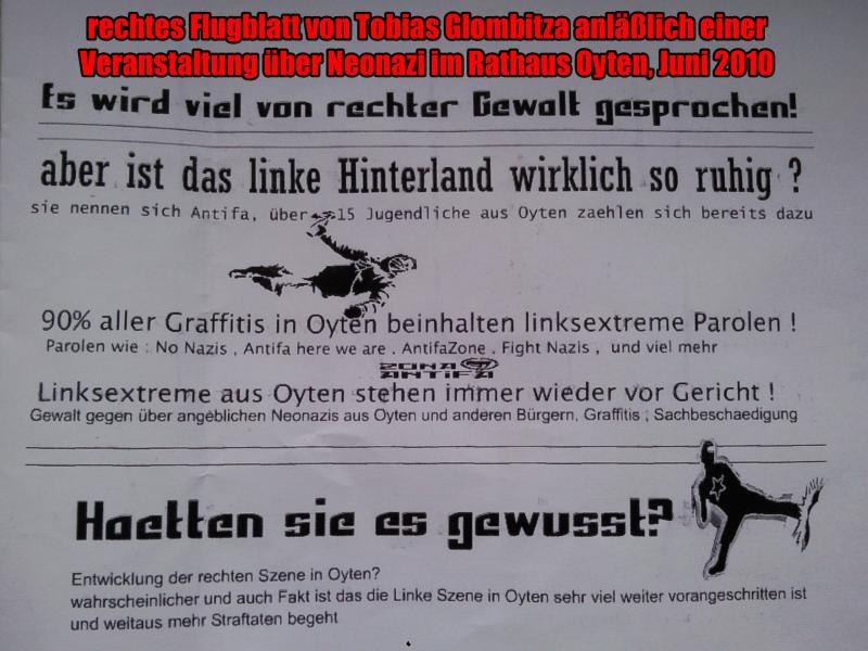 Tobias Glombitza entwarf ein Flugblatt gegen eine antifaschistische Veranstaltung im Oytener Rathaus (Juni 2010)