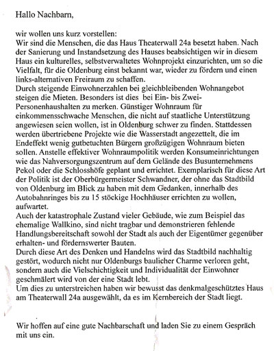 Flugblatt der aktuellen Besetzung