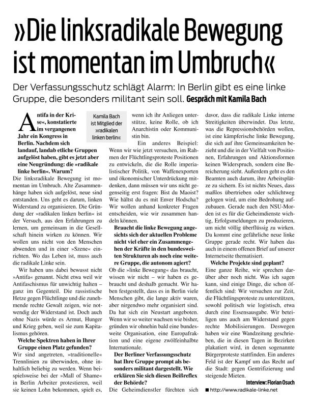 10. Januar 2015 – Junge Welt: »Die linksradikale Bewegung ist momentan im Umbruch«