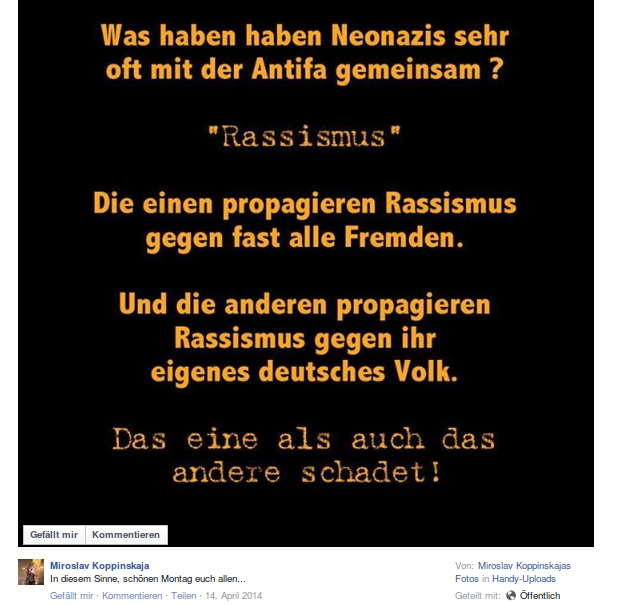 Facebook-Veröffentlichung von Mirko Kopper, 14. April 2014 