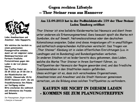 Flyer zur Bildung eines Bündnisses gegen Thor Steinar