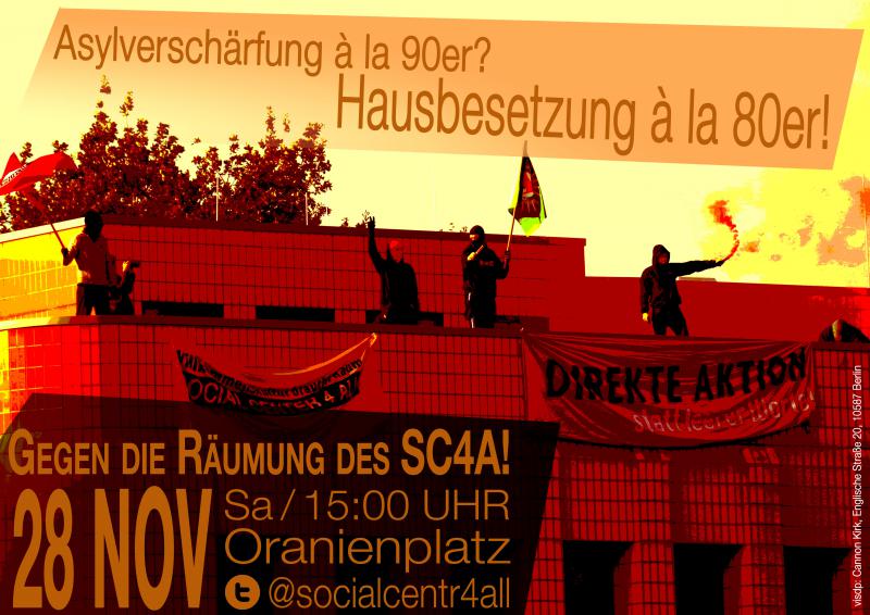 Plakat zur Demo für das SC4A: »Asylverschärfung á la 90er? Hausbesetzung á la 80er!«