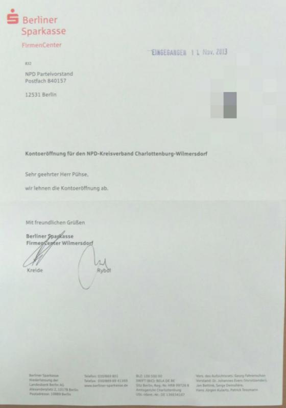 Absage der Sparkasse an den Versuch Pühses ein Konto zu eröffnen