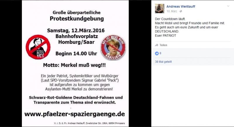 Andreas Weitlauff als V.i.S.d.P. beim Aufruf zum "Pfälzer Spaziergang" am 12. März 2016 in Homburg (Saar).