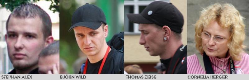 v.l.n.r.: Stephan Alex (Lichtenberg), Björn Wild (früher "Kameradschaft Tor", jetzt "JN Berlin"), Thomas Zeise (Anti-Antifa-Fotograf aus Pankow), Cornelia Berger (Fotografin der NPD Lichtenberg)