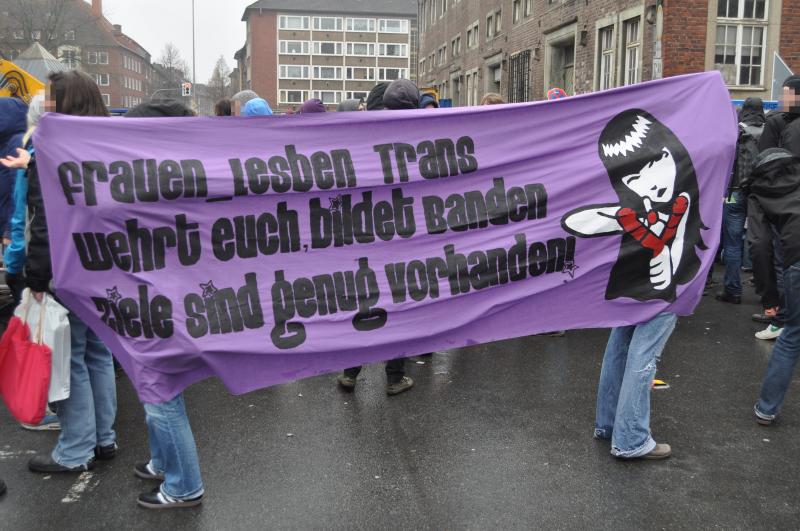 Transpi Frauen_Lesben Trans wehrt euch bildet Banden ziele sind genug vorhanden!