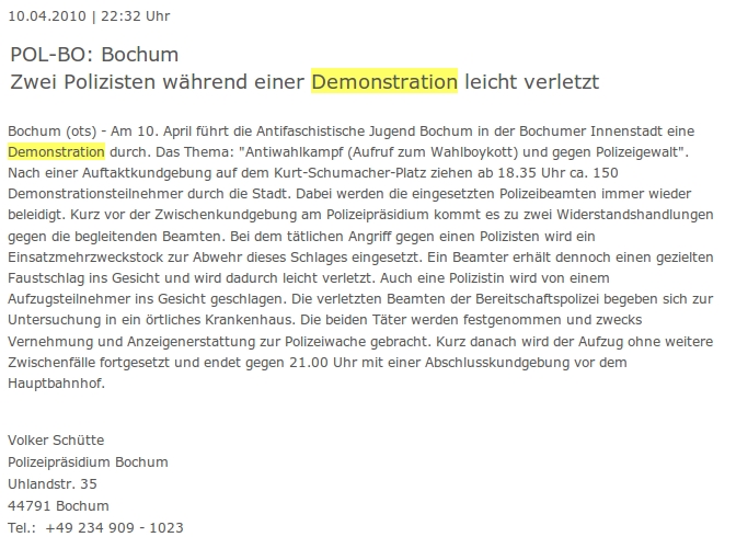 Pressemitteilung der Bochumer Polizei (gleicht 1:1 dem späteren Artikel der Haus- und HofberichterstatterInnen der WAZ)