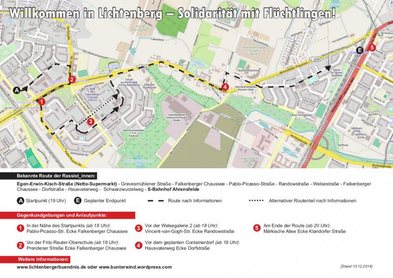 Karte zu den Gegenprotesten am 16.12. in Hohenschönhausen (Stand 13.12.2014)