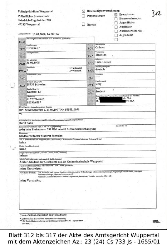 1 - Thorsten Crämer (Pro NRW) Überfall auf KZ-Gedenkstätte in Wuppertal, 09.07.2000,AG Wuppertal, Aktenzeichen Az.: 23 (24) Cs 733 Js - 1655/01, Blatt 312
