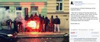 Aktionsblog-Post mit Foto der Fahnenverbrennung vorm Cafe