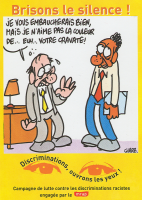 Plakatzeichnung von Charb für die Bewegung Bewegung gegen den Rassismus und für die Freundschaft zwischen den Völkern: "Ich würde Sie ja einstellen, aber mir missfällt die Farbe … äh … Ihrer Krawatte!"