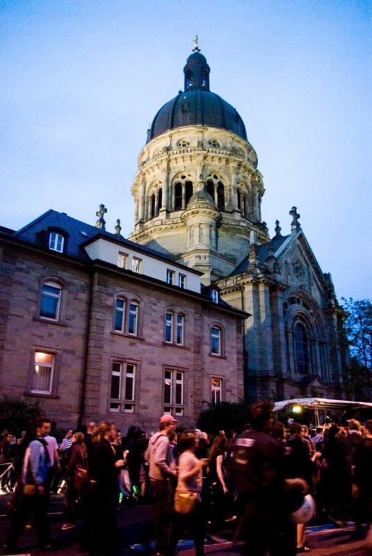 The crowd at a night demonstration in Mainz, Germany.