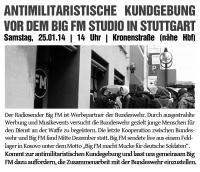 Aufruf zur antimilitaristischen Kundgebung vor dem BigFM Studio in Stuttgart