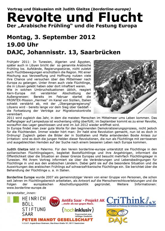 Flyer zur Veranstaltung Revolte und Flucht am 03.09.2012 in Saarbrücken mit Judith Gleitze