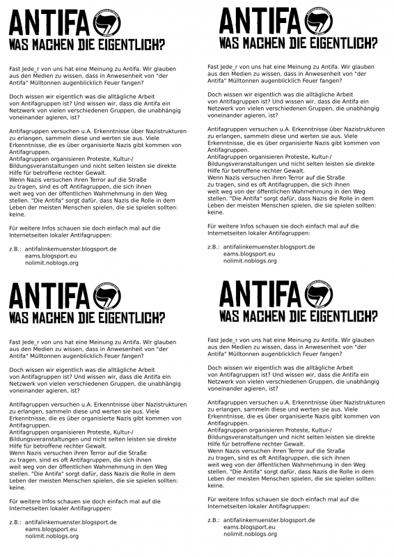 Flyer klein 4er: Antifa, was machen die eigentlich?