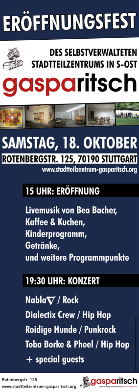 Plakat: Das Gasparitsch - Selbstverwaltetes Stadtteilzentrum in Stuttgart Ost eröffnet