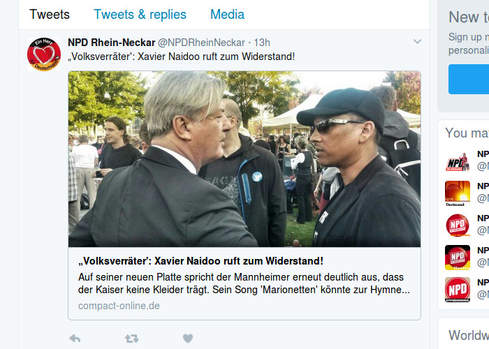 Bild: NPD RheinNeckar feier Naidoo mit den Worten:  „Volksverräter‘: Xavier Naidoo ruft zum Widerstand!“, Quelle Screenshot twitter