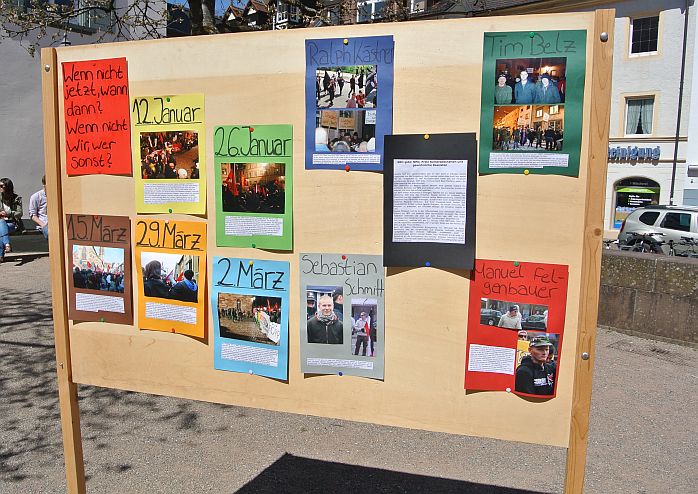 Schautafel über vergangene Proteste und bekannte Nazis aus der Region