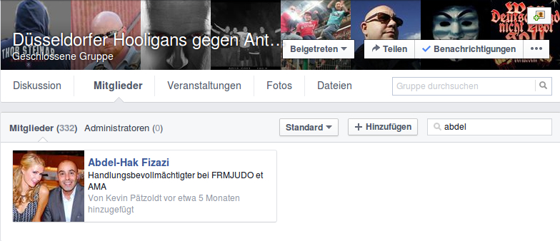 Abdel-Hak Fizazi's Mitgliedschaft in der Facebook-Gruppe "Düsseldorfer Hooligans vs. Antifa und 1312"
