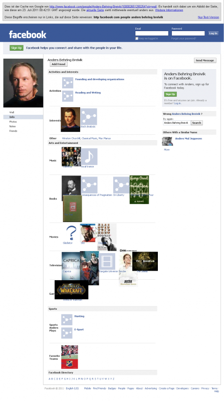 Anders Behring Breivik  Facebook vom 23. Juli 2011 00:42:51 GTM