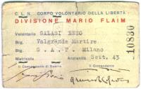 Enzo Galasi.Tesserino di appartenenza alla Divisione Mario Flaim,85ª brigata “Valgrande Martire”, battaglione GAP Milano. 