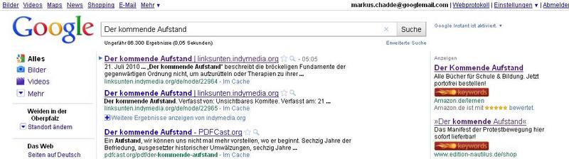 Google-Screenshot: Der kommende Aufstand