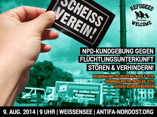Flyer gegen die NPD-Kundgebung am 9. August 2014 in Berlin-Weißensee.