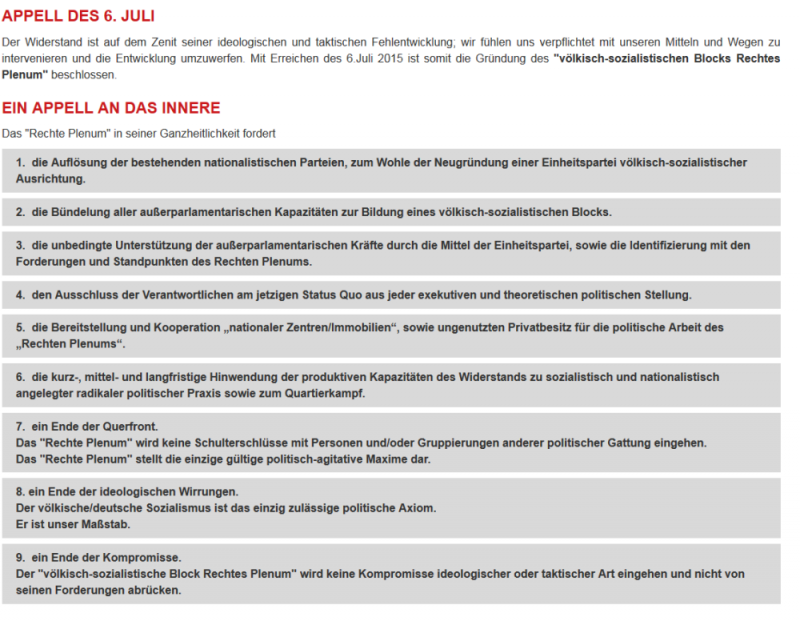 Forderungen "Rechtes Plenum" von der mittlerweile abgeschalteten Website