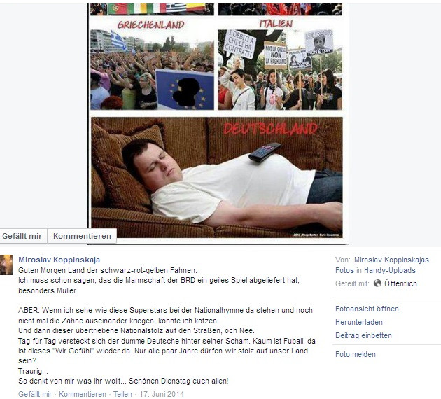 Facebook-Veröffentlichung von Mirko Kopper, 17. Juni 2014