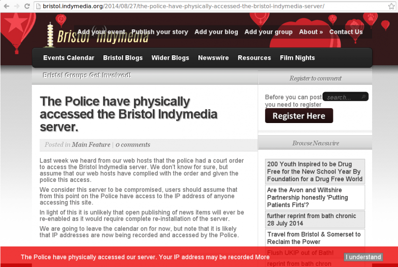 Screenshot bristol.indymedia.org: The Police have physically accessed the Bristol Indymedia server.