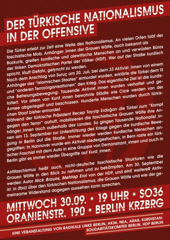 Infoveranstaltung: Der Türkische Nationalismus in der Offensive – Geschichte, Ideologie, Widerstand  / Flyer Rückseite