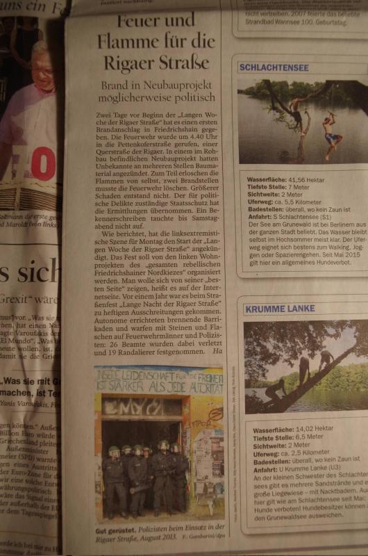 Tagesspiegel 5.7.2015 - »Feuer und Flamme für die Rigaer Straße«