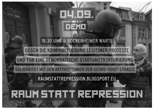 Flyer für die Demo Raum statt Repression am 04.09 um 18:30 Uhr an der Bockenheimer Warte