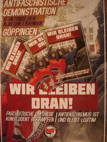 Plakat für die antifaschistische Demonstration am 11.11.2014 um 16 Uhr am Bahnhof in Göppingen