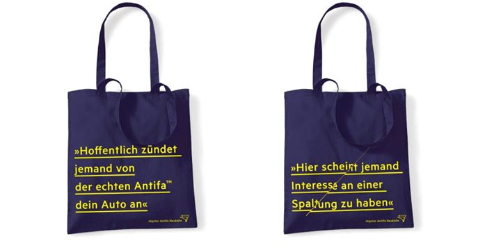 Hipster-Antifas versuchen humorvoll damit umzugehen, wie sie von Linken zu recht konfrontiert werden. Hier: Indymedia-Zitate als Tragetasche