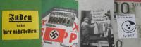 Auf­kleber der „FN Buch“:„Juden werden hier nicht bedient“, Haken­kreuz und BDM-Mädel, Aufruf zum anti­se­mi­ti­schen Boy­kott, Hitler-Smilie