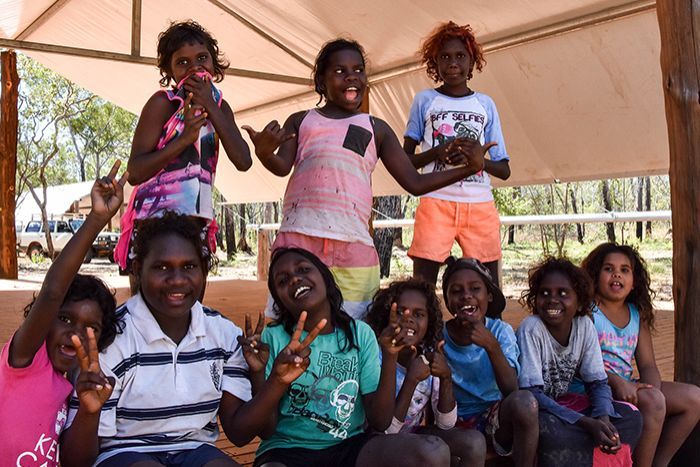 Bininj children from west Arnhem land plateau at their new school at Kabulwarnamyo